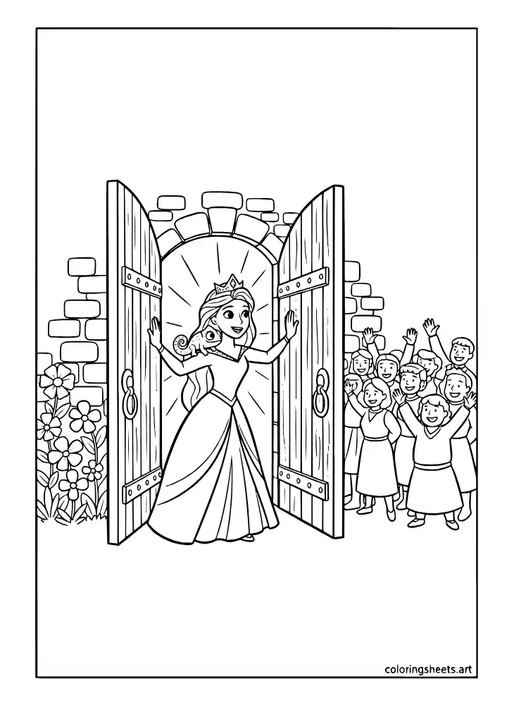 Rapunzel opening the castle gates to her subjects coloring page