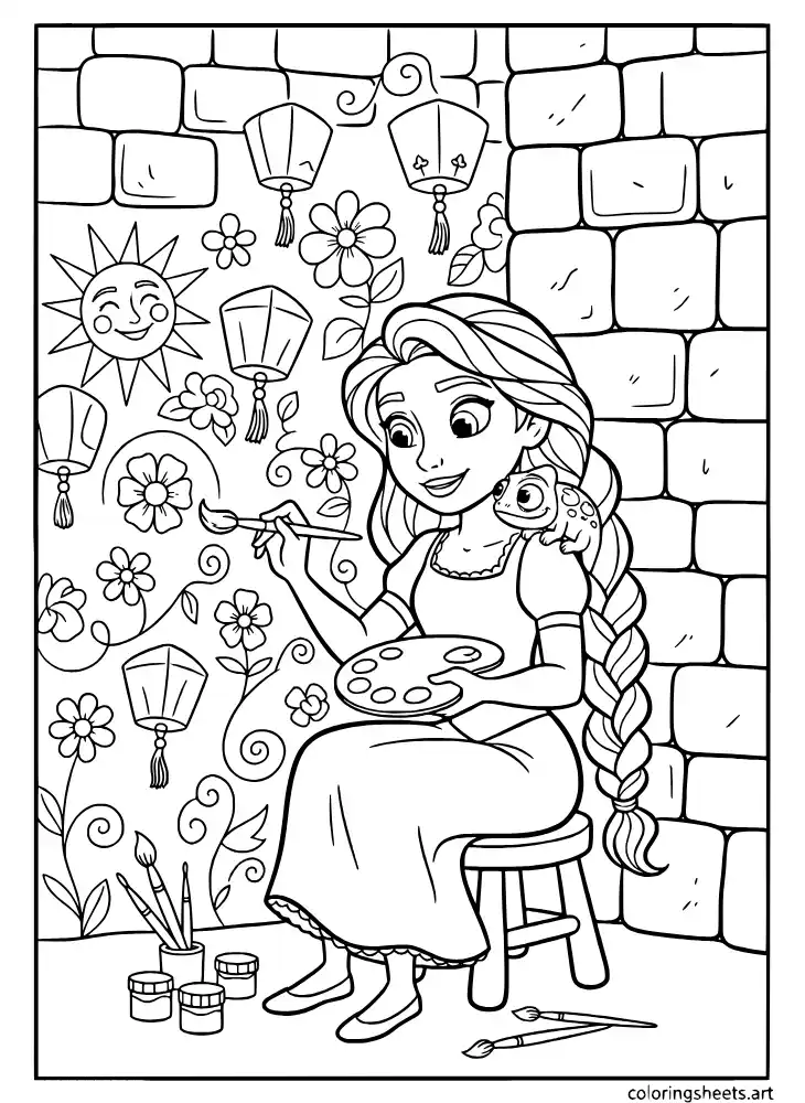 Rapunzel painting a colorful mural on her tower wall coloring page