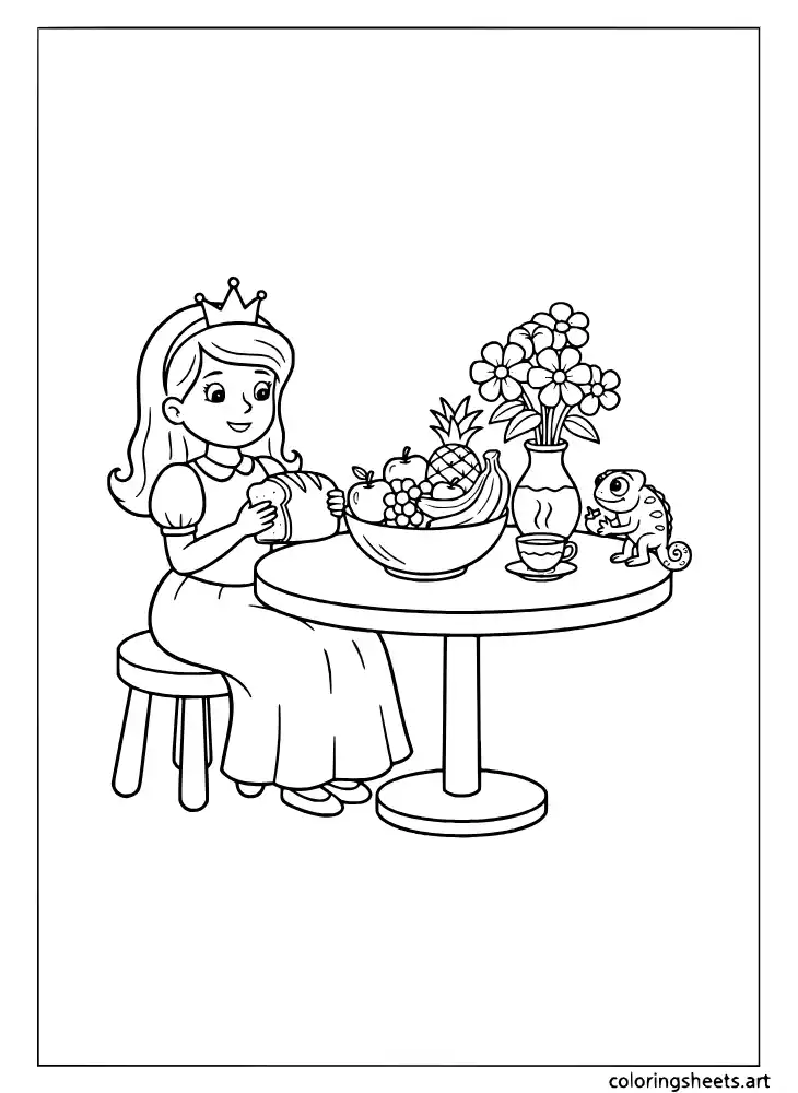 Rapunzel and Pascal sharing breakfast in the tower coloring page