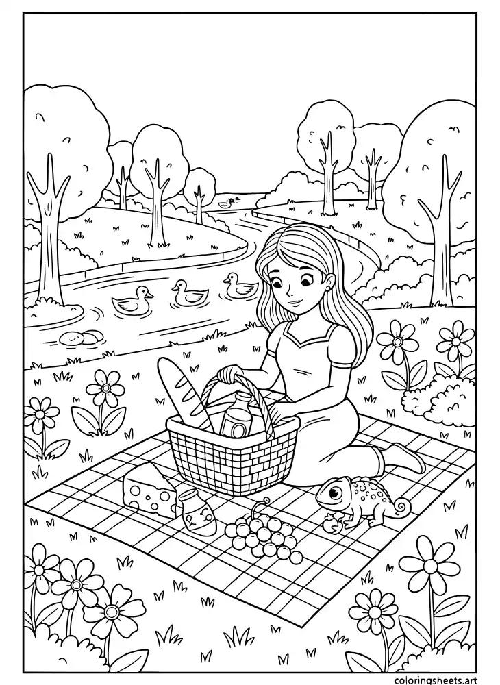 Rapunzel having a picnic by a river coloring page