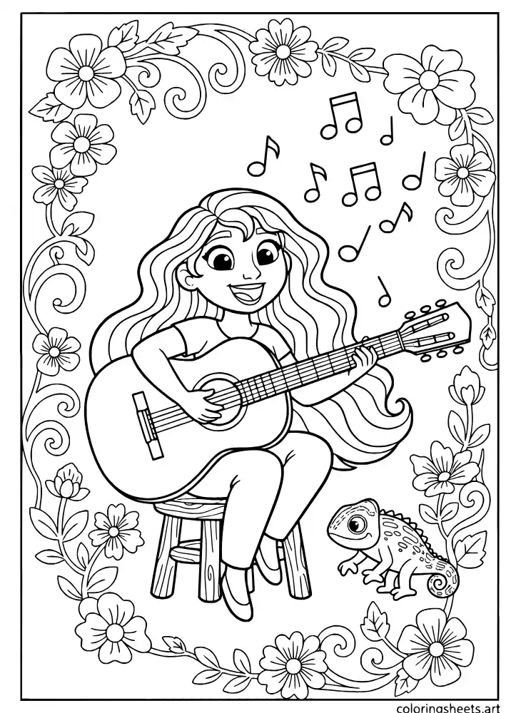 Rapunzel playing her guitar and singing happily coloring page