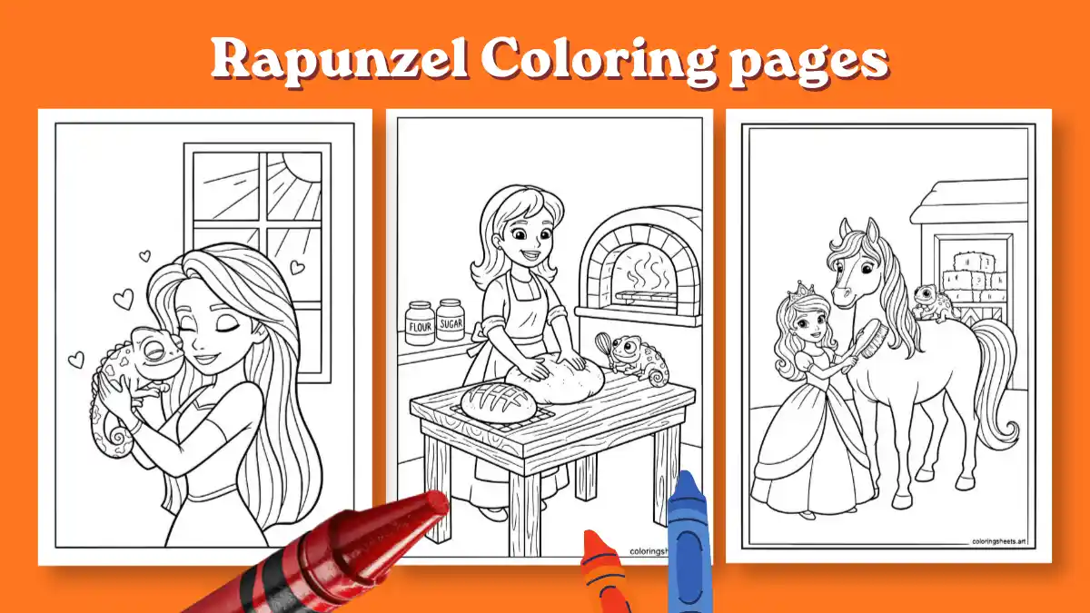 Rapunzel coloring pages featured banner showing printable sheets of Rapunzel hugging Pascal, baking bread, and brushing Maximus the horse