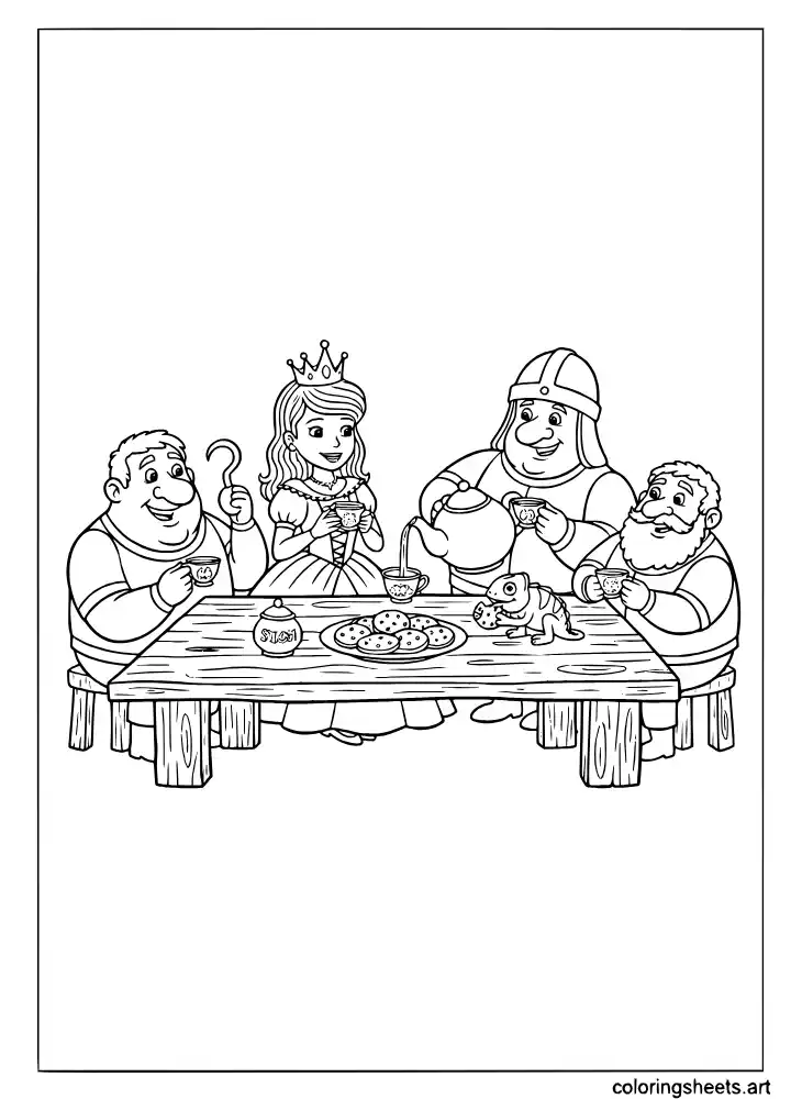 Rapunzel and the pub thugs having tea coloring page