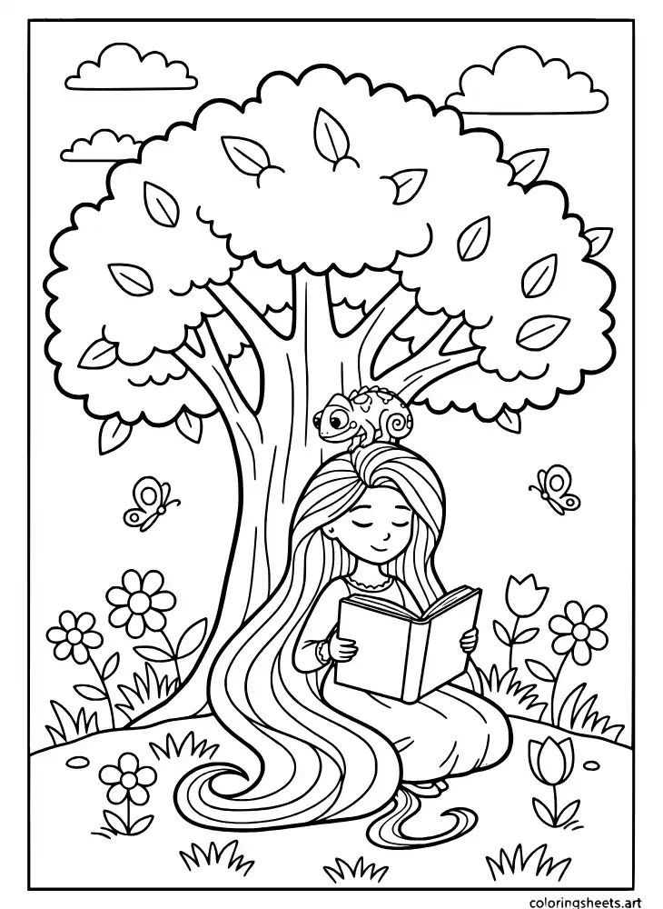 Rapunzel reading a book under a tree with Pascal coloring page