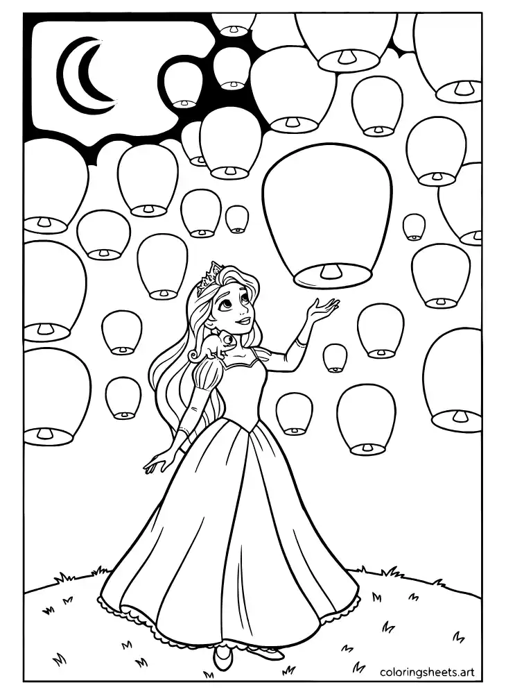 Rapunzel releasing a floating lantern into the night sky coloring page