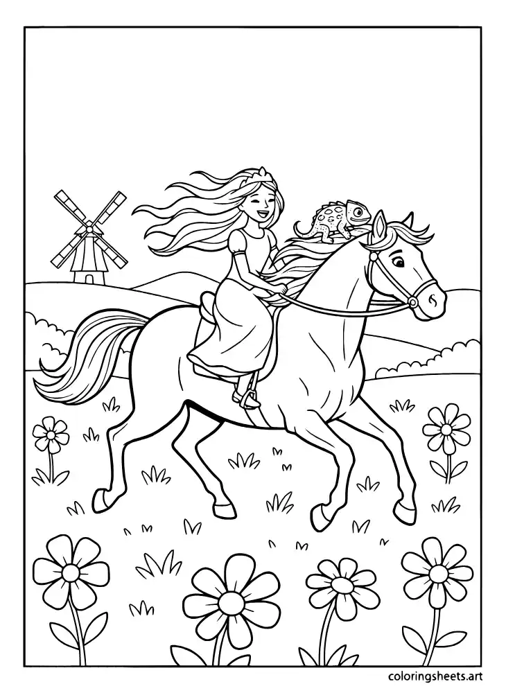 Rapunzel riding Maximus through the countryside coloring page