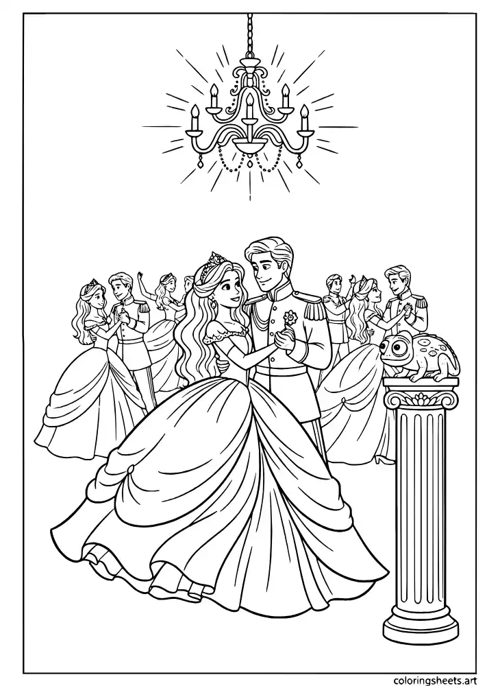 Rapunzel dancing at the royal ball with Flynn coloring page