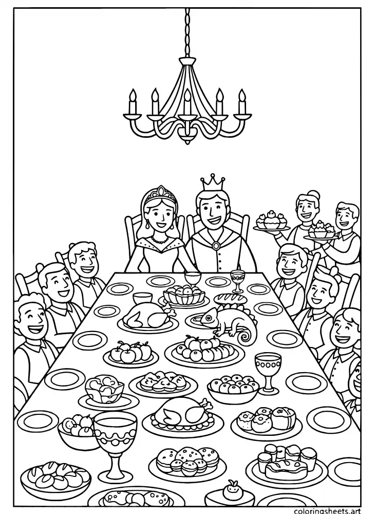 Rapunzel hosting a royal banquet in the castle dining hall coloring page