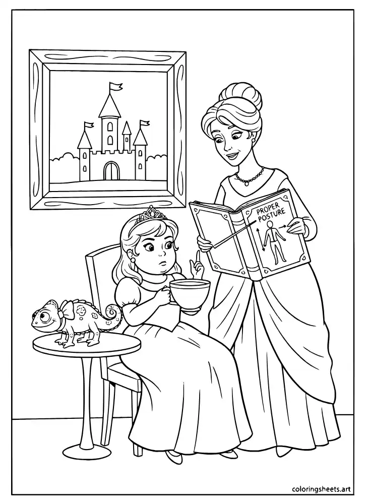 Rapunzel learning royal etiquette from a tutor coloring page