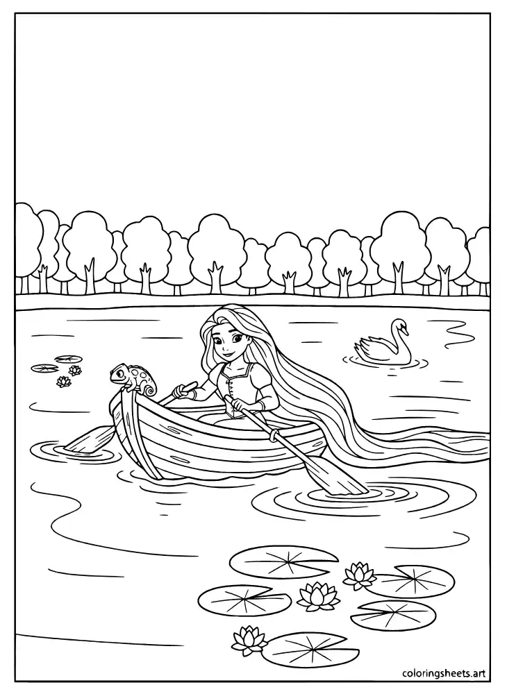 Rapunzel sailing a small boat on a lake coloring page