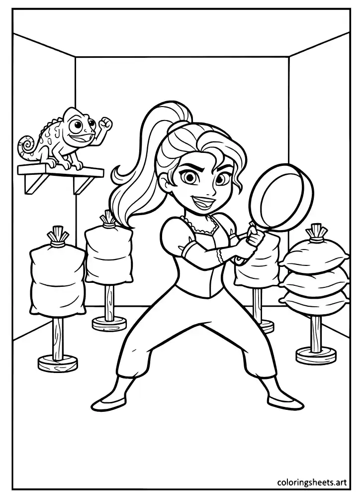 Rapunzel practicing self defense with a frying pan coloring page