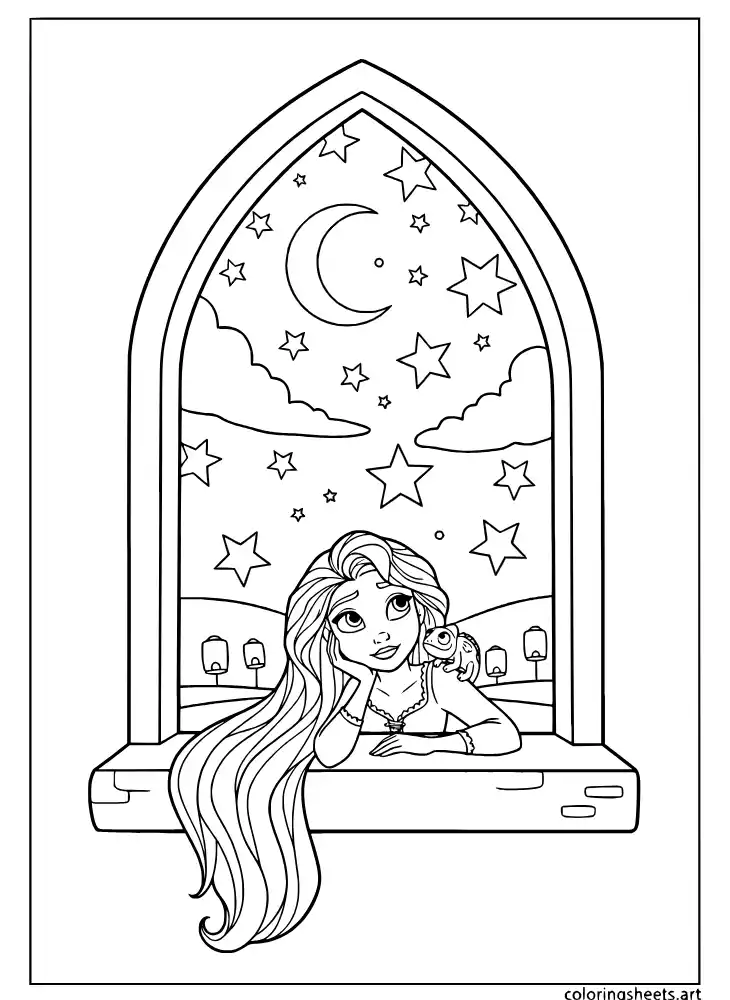Rapunzel stargazing through her tower window coloring page