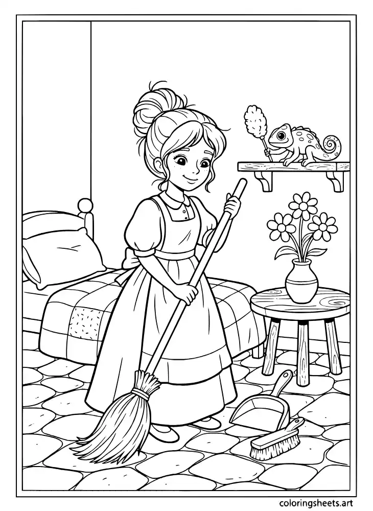 Rapunzel sweeping the tower floor coloring page for kids