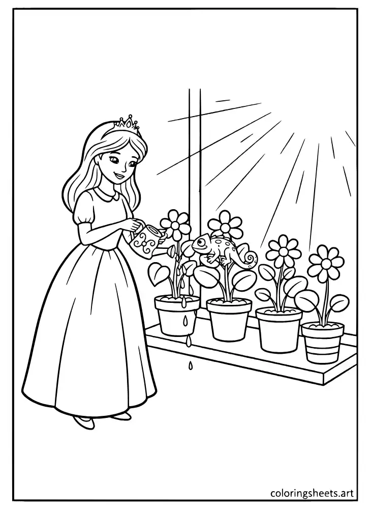 Rapunzel watering her plants in the tower coloring page