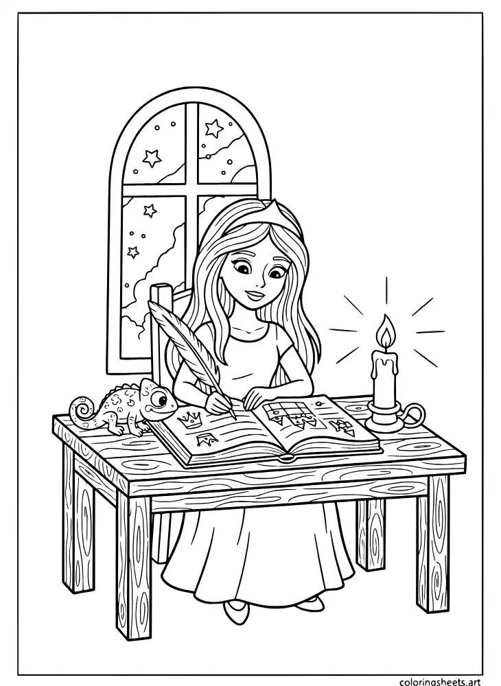 Rapunzel writing in her journal coloring page for kids