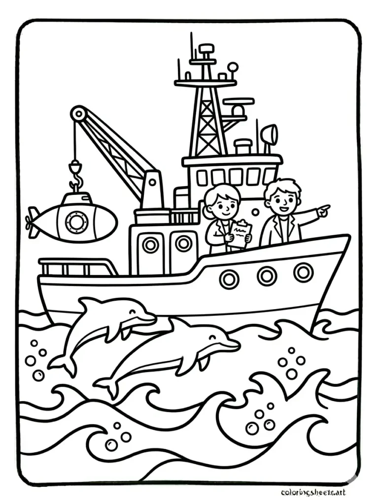 Free printable ocean coloring pages for kids featuring an ocean research vessel with scientists