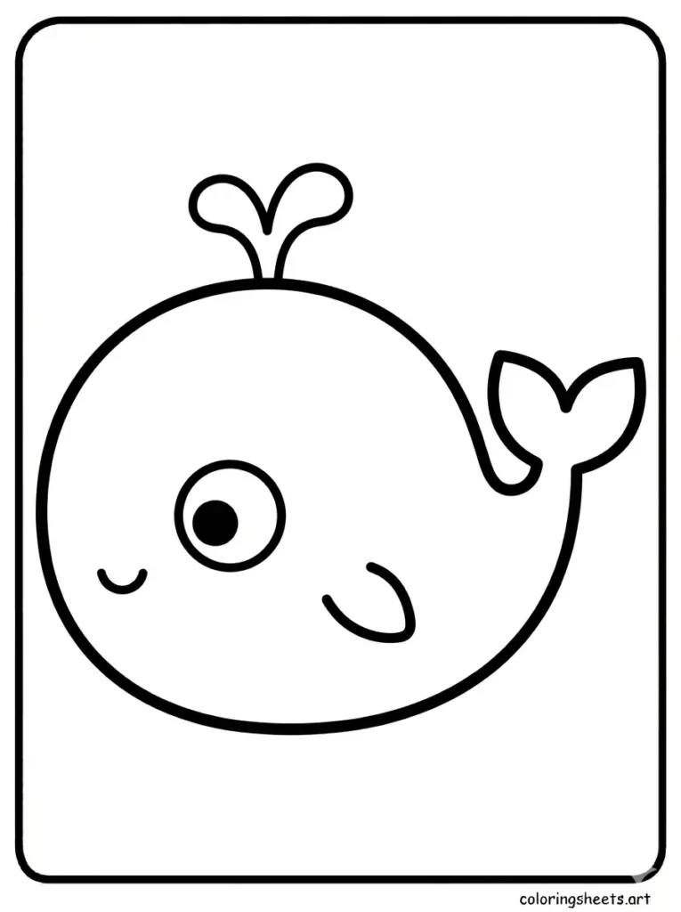 Easy ocean coloring pages for kids toddlers featuring a big simple whale with a smile