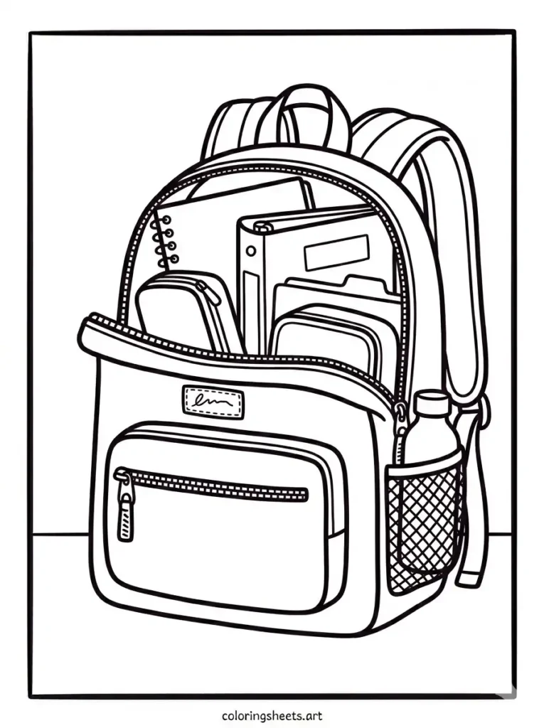 Backpack packed with school supplies coloring page for kids free printable