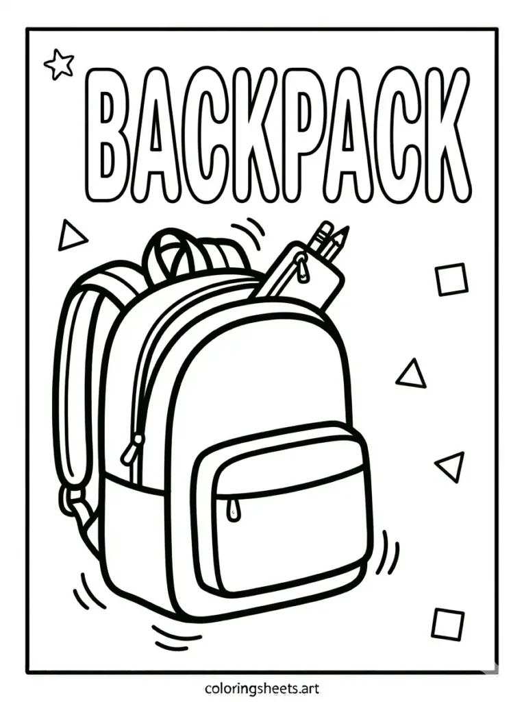 Backpack with BACKPACK outline text school supplies coloring page for toddlers free printable