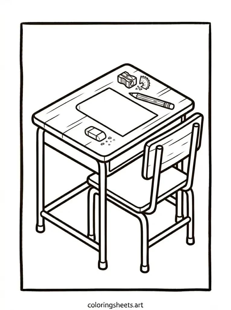 Classroom desk with basic supplies school supplies coloring page for kids free printable