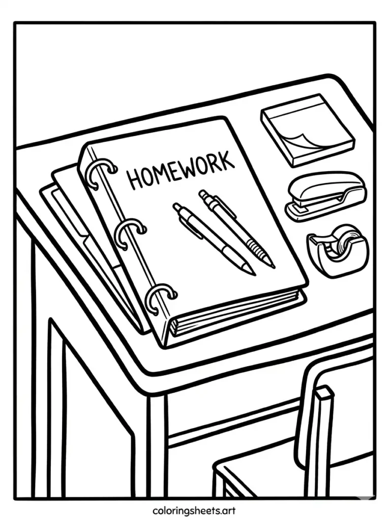 Desk with binder and folders school supplies coloring page for toddlers free printable