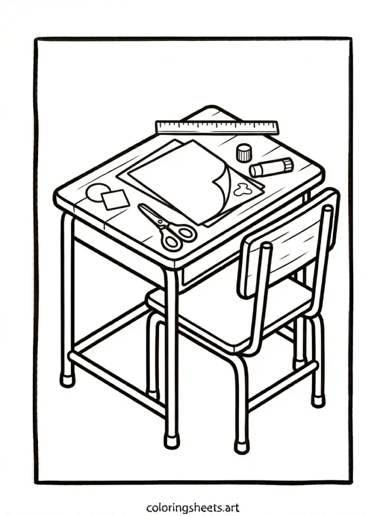 Desk with glue scissors and construction paper school supplies coloring page for kids free printable