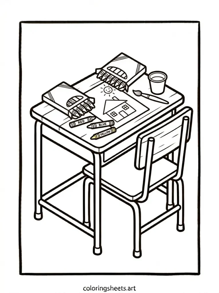 Desk with crayons and coloring page school supplies coloring page for toddlers free printable