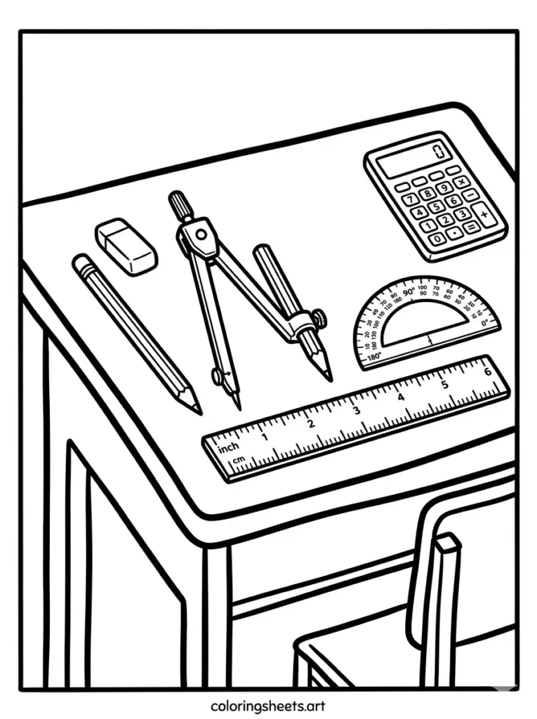 Desk with compass protractor and calculator school supplies coloring page for kids free printable