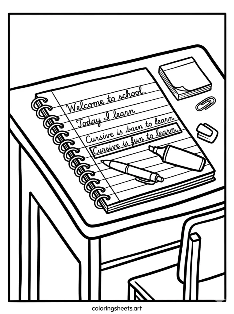 Desk with notebook pen and highlighter school supplies coloring page for toddlers free printable
