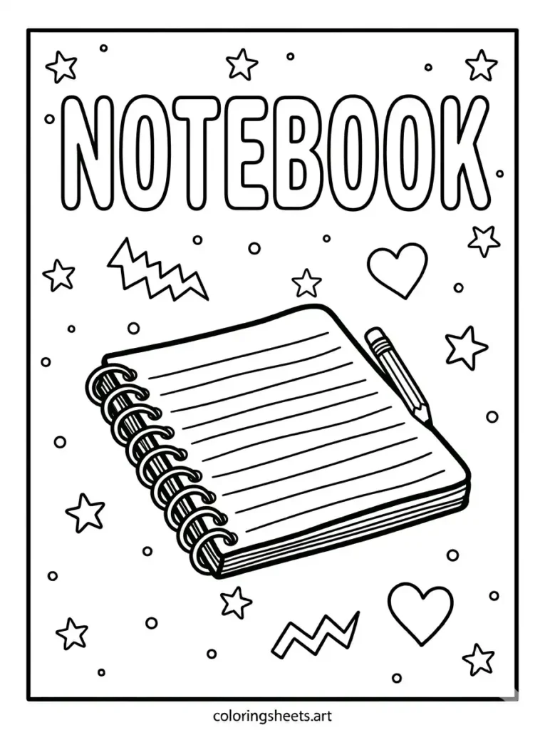 Notebook with NOTEBOOK outline text school supplies coloring page for toddlers free printable