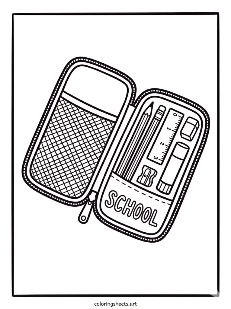 Open pencil case with items school supplies coloring page for toddlers free printable