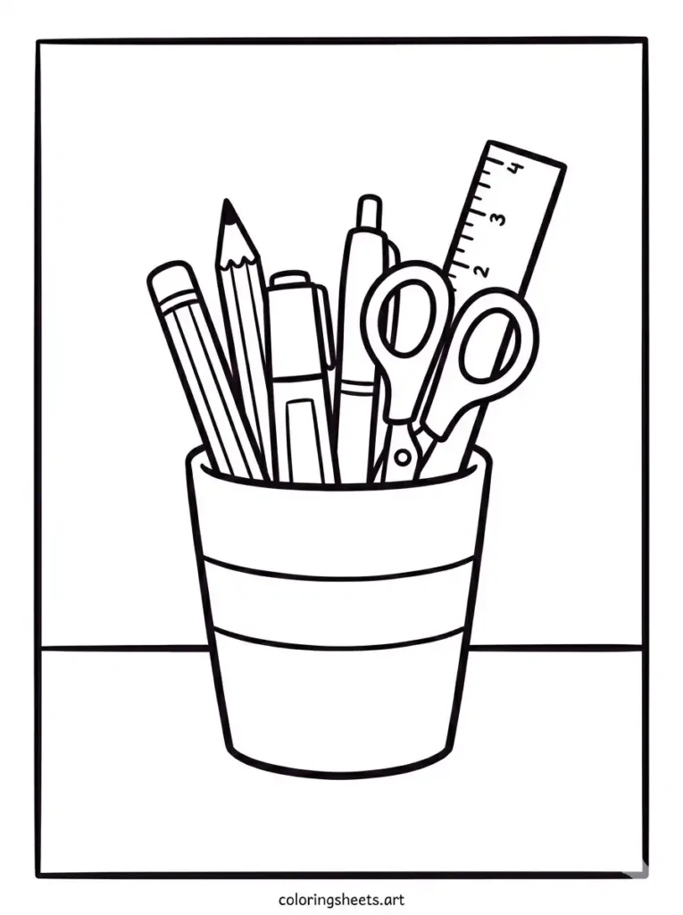 Pencil cup with mixed supplies school supplies coloring page for kids free printable