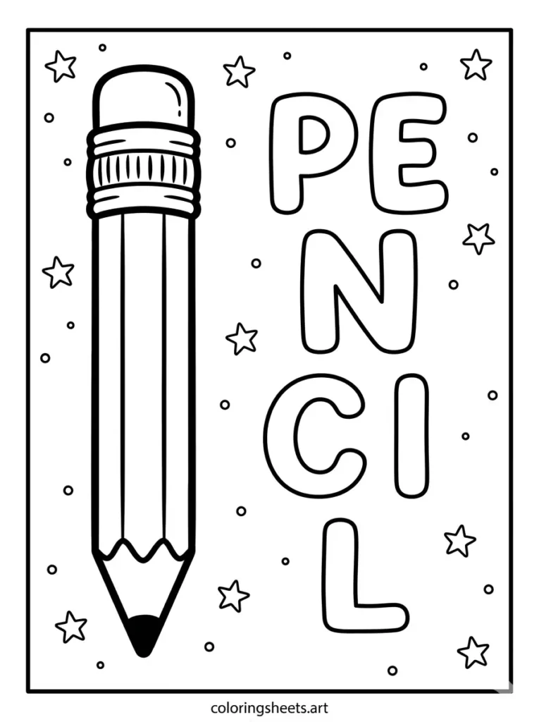 Pencil with PENCIL outline text school supplies coloring page for kids free printable