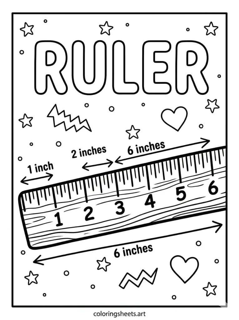 Ruler with RULER outline text school supplies coloring page for kids free printable