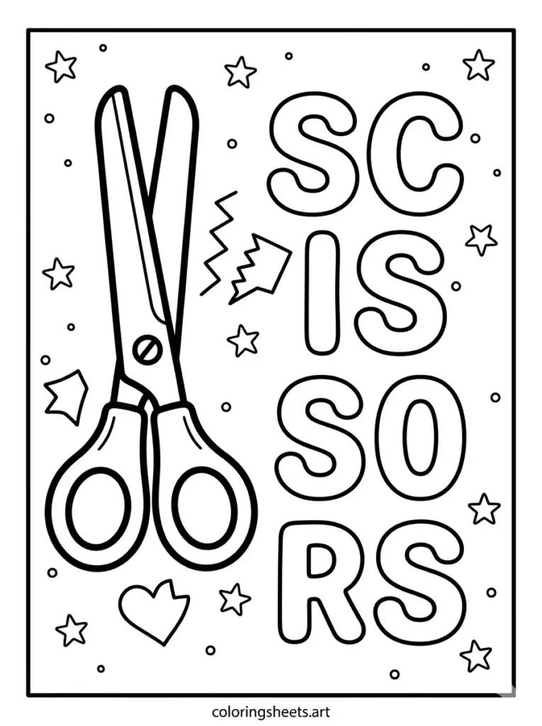 Scissors with SCISSORS outline text school supplies coloring page for toddlers free printable