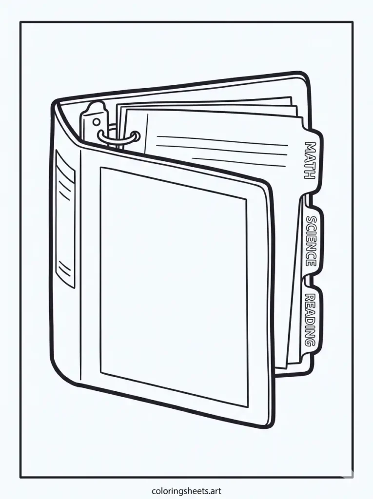 Three-ring binder with tabs school supplies coloring page for kids free printable