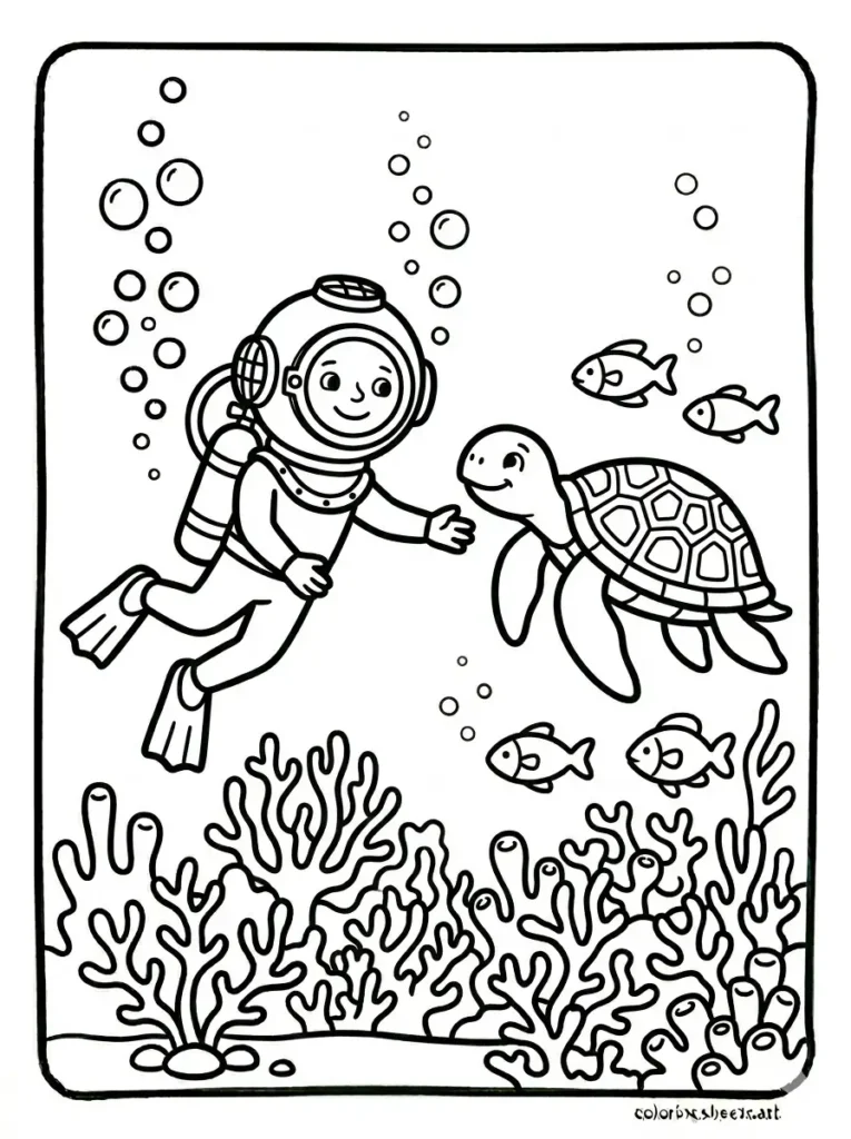 Free printable ocean coloring pages for kids featuring a diver with scuba gear meeting a sea turtle