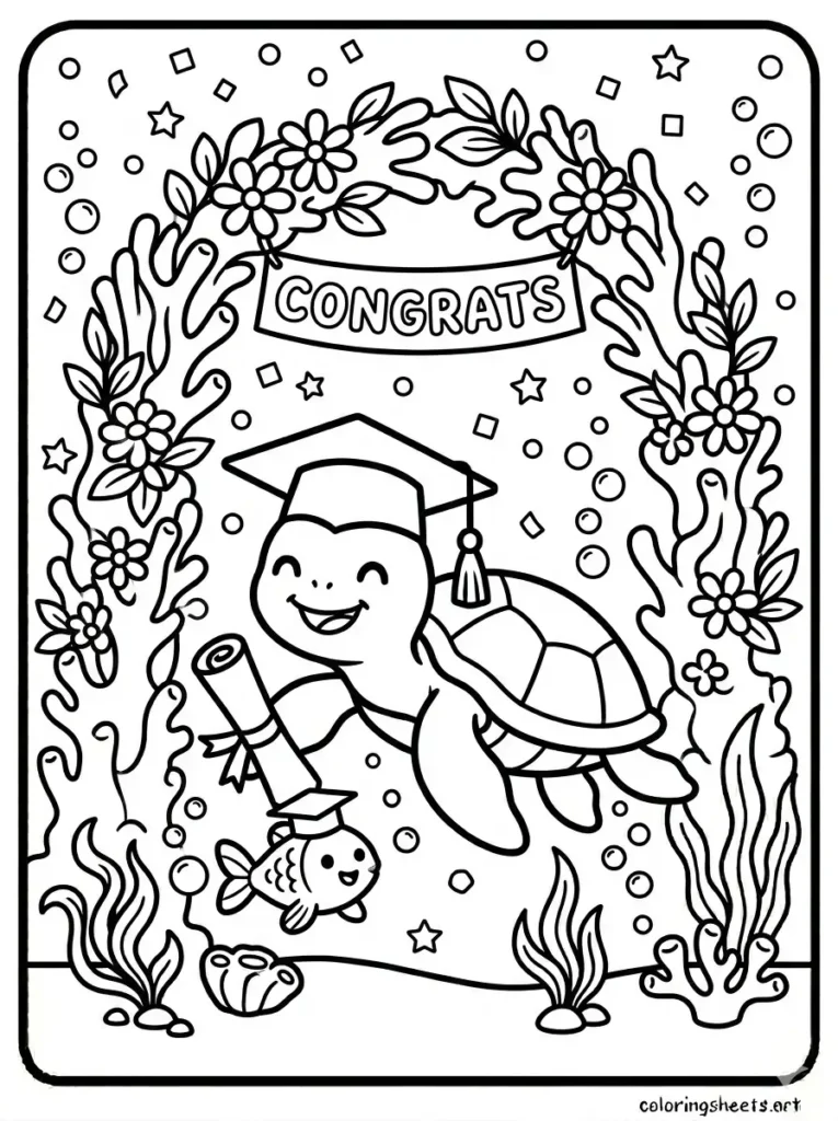 Ocean coloring pages for kids printable PDF with graduation day under the sea turtle and fish