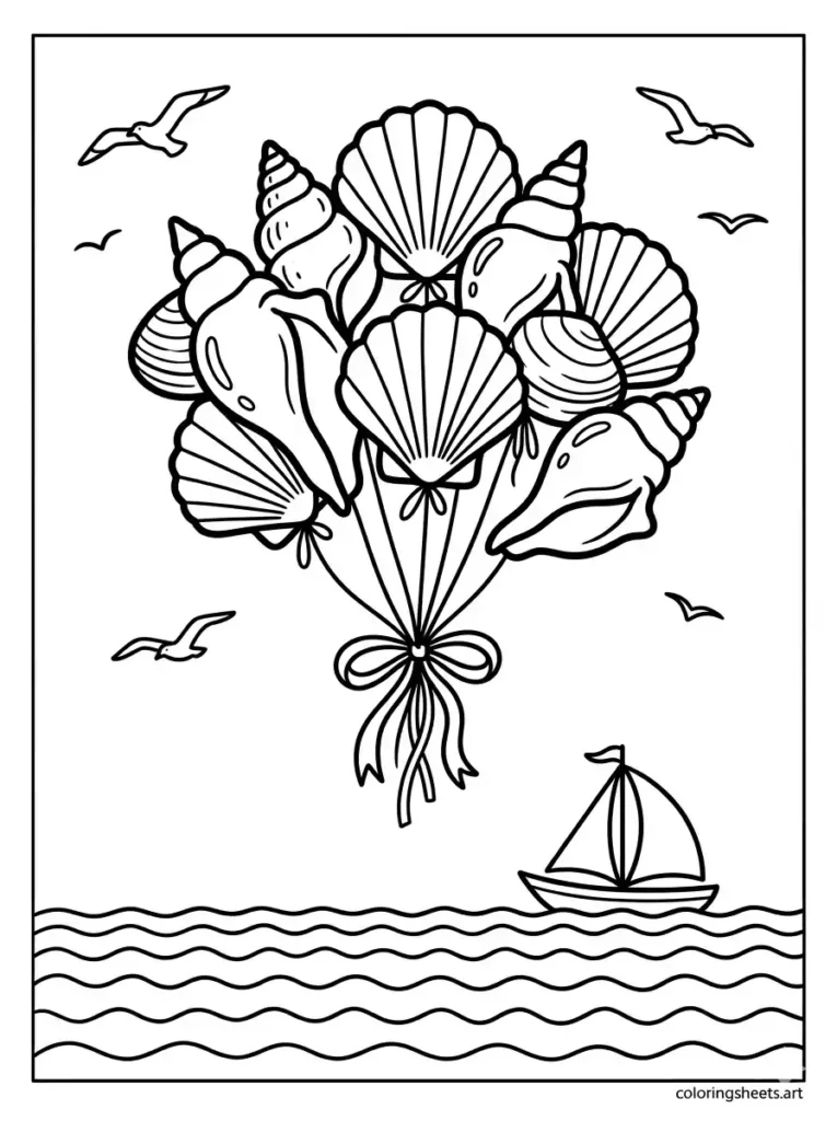 Balloon seashells flying over the ocean coloring page