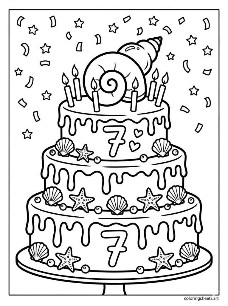 Seashell birthday cake topper coloring page for kids