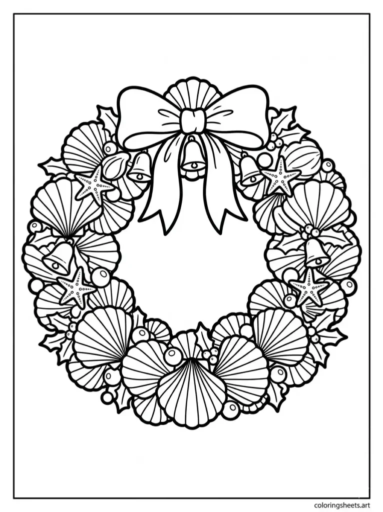 Christmas seashell wreath coloring page for kids
