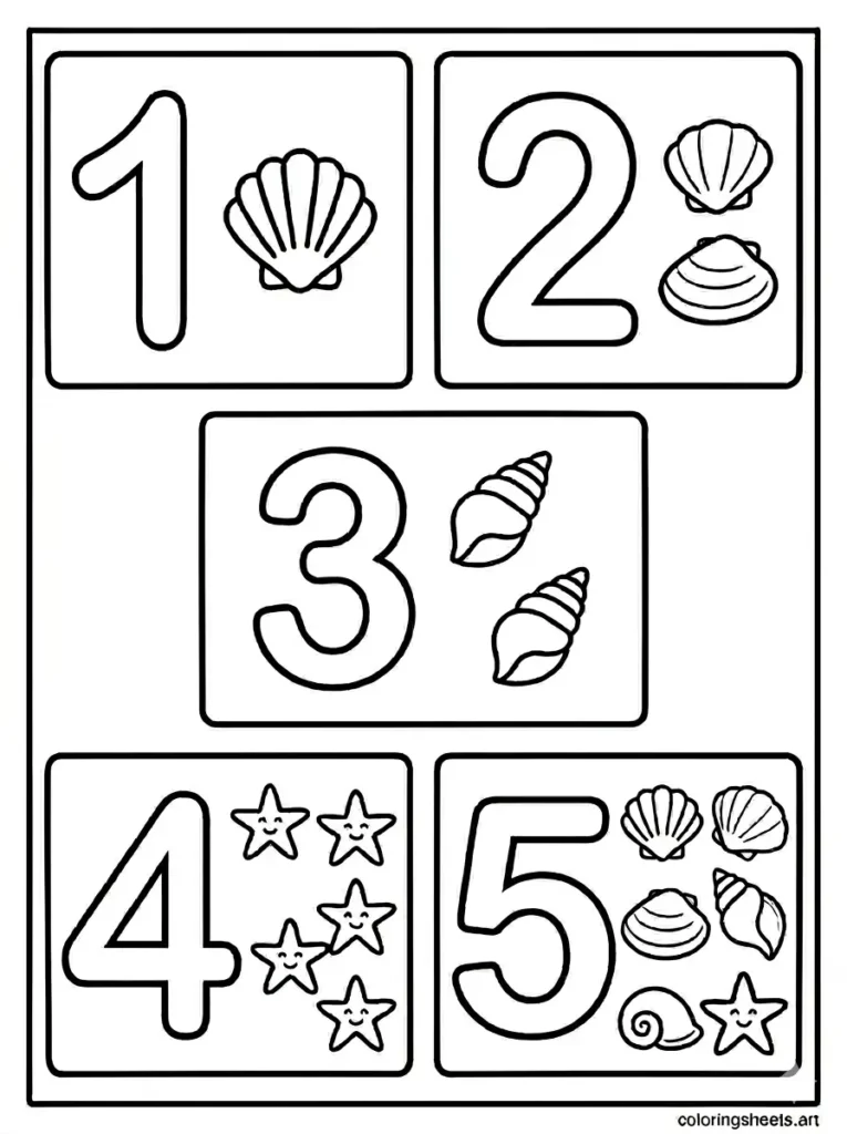 Seashell counting 1 to 5 coloring page for toddlers