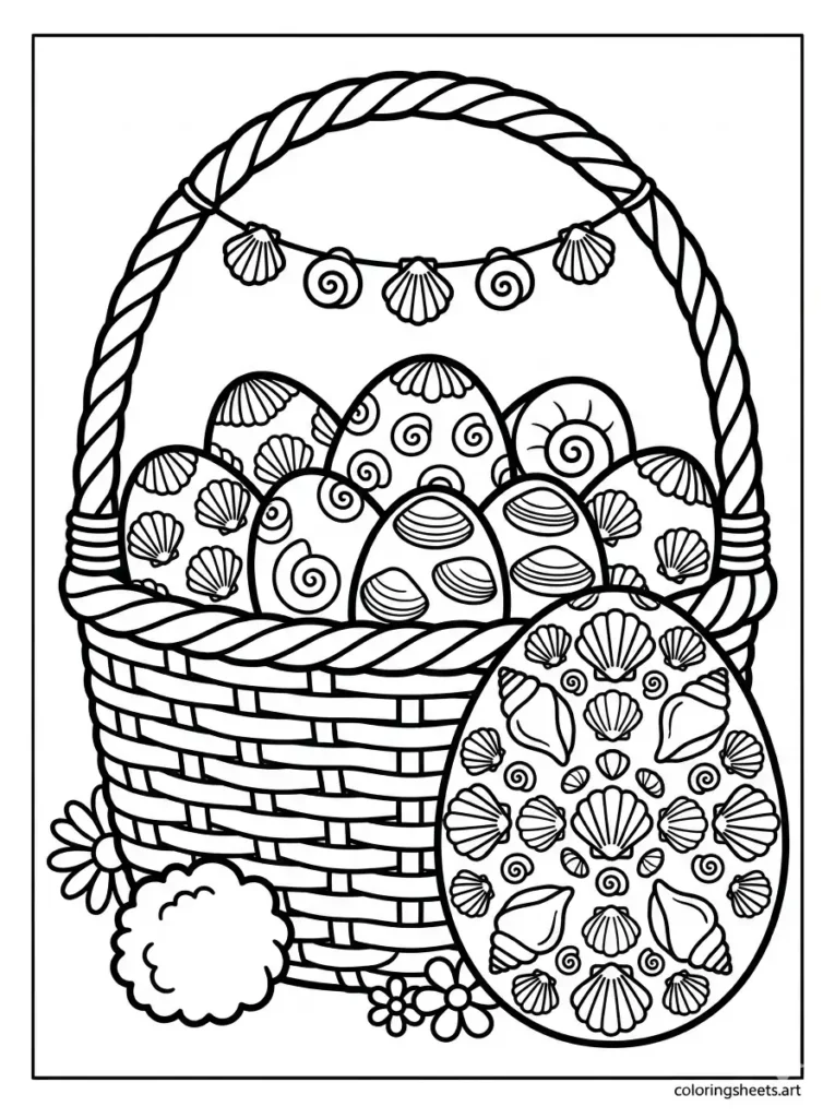 Seashell Easter egg decorating coloring page for kids