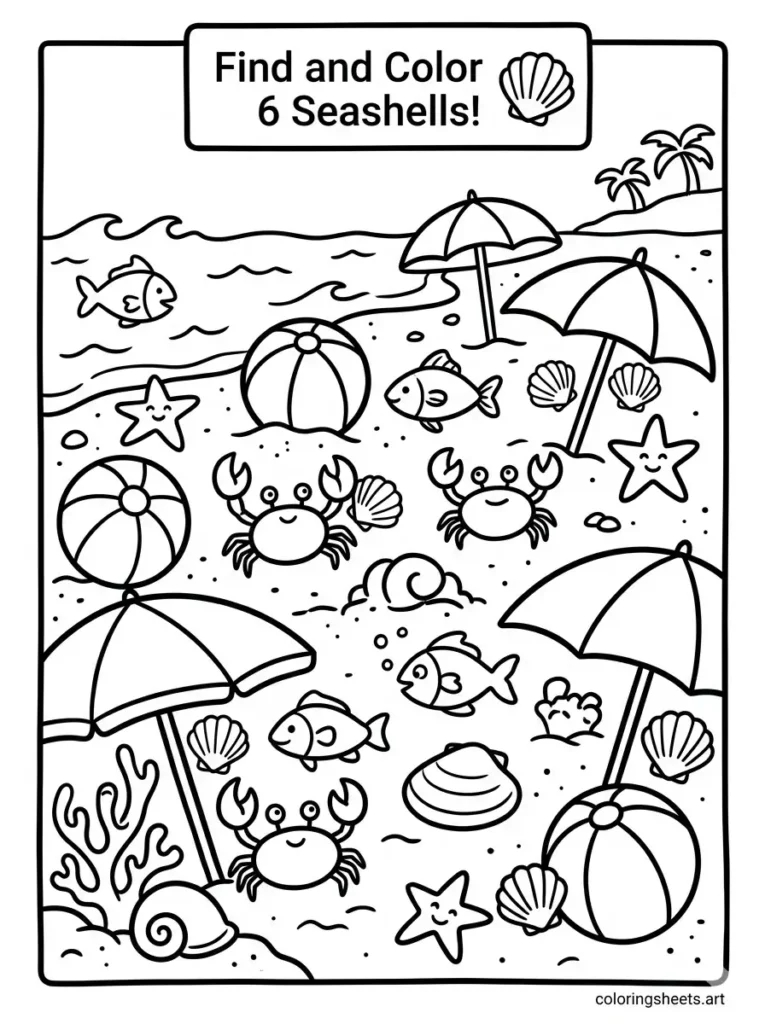 Find and color the seashells activity page for toddlers