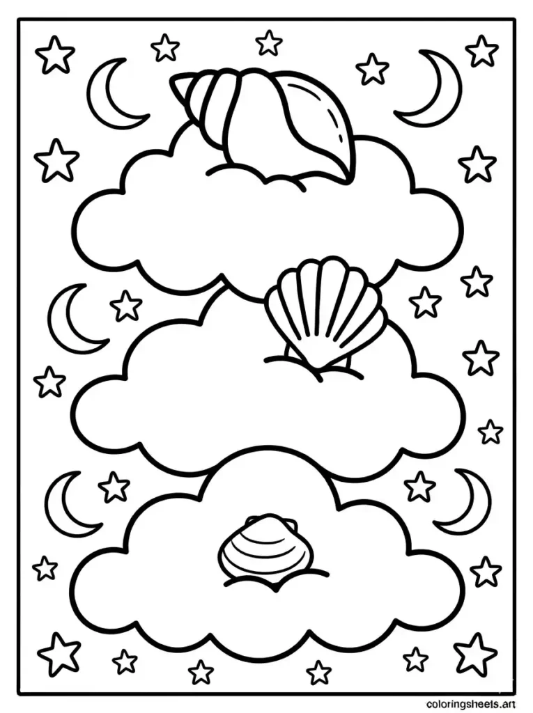 Seashells floating on fluffy clouds coloring page for kids