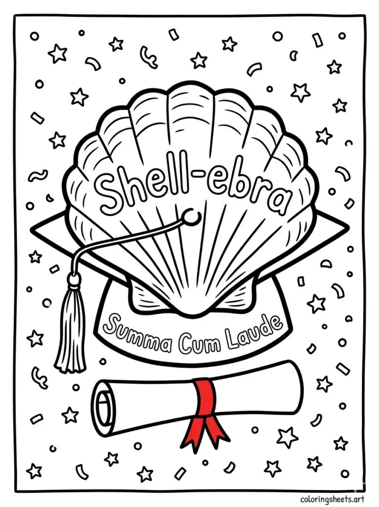 Seashell graduation cap coloring page for summer