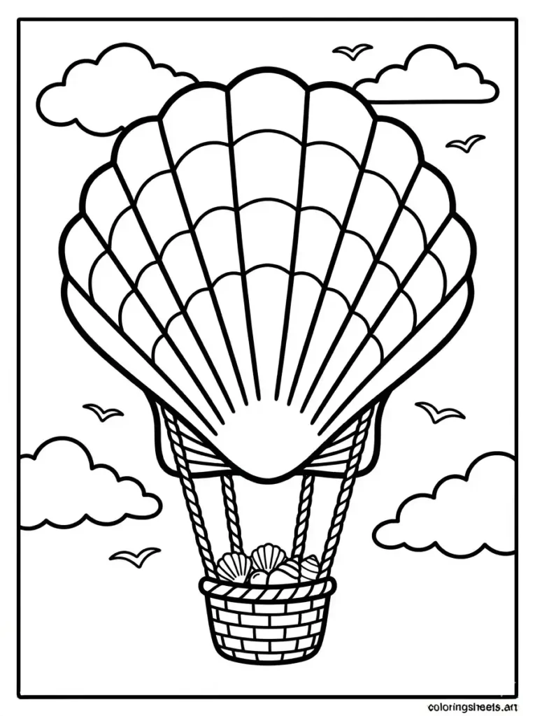 Seashell hot air balloon in the sky coloring page for kids