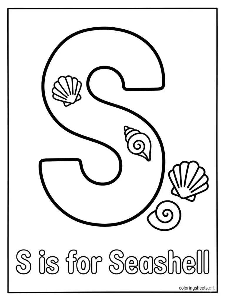 Letter S with seashells alphabet coloring page for toddlers