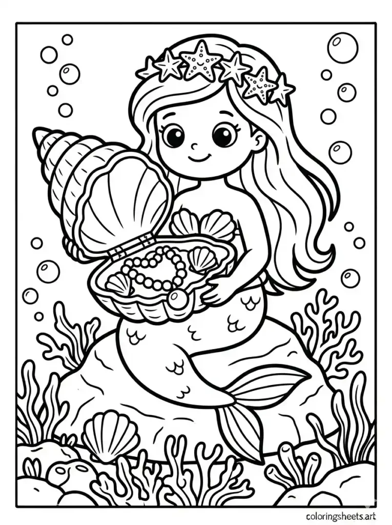 Mermaid holding a seashell treasure chest coloring page for kids