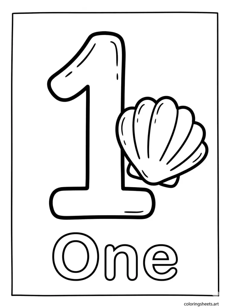 Number 1 with one seashell coloring page for toddlers